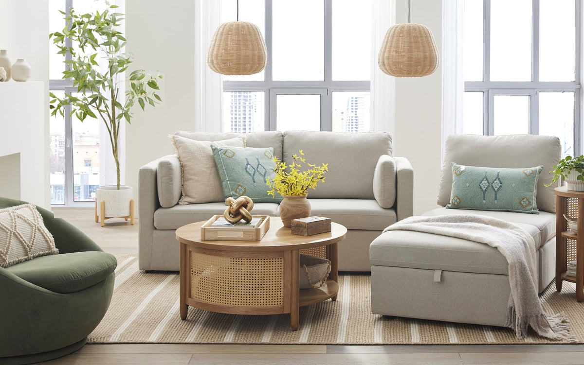  100'' Modular Sectional Sofa with Storage Ottoman, White Linen