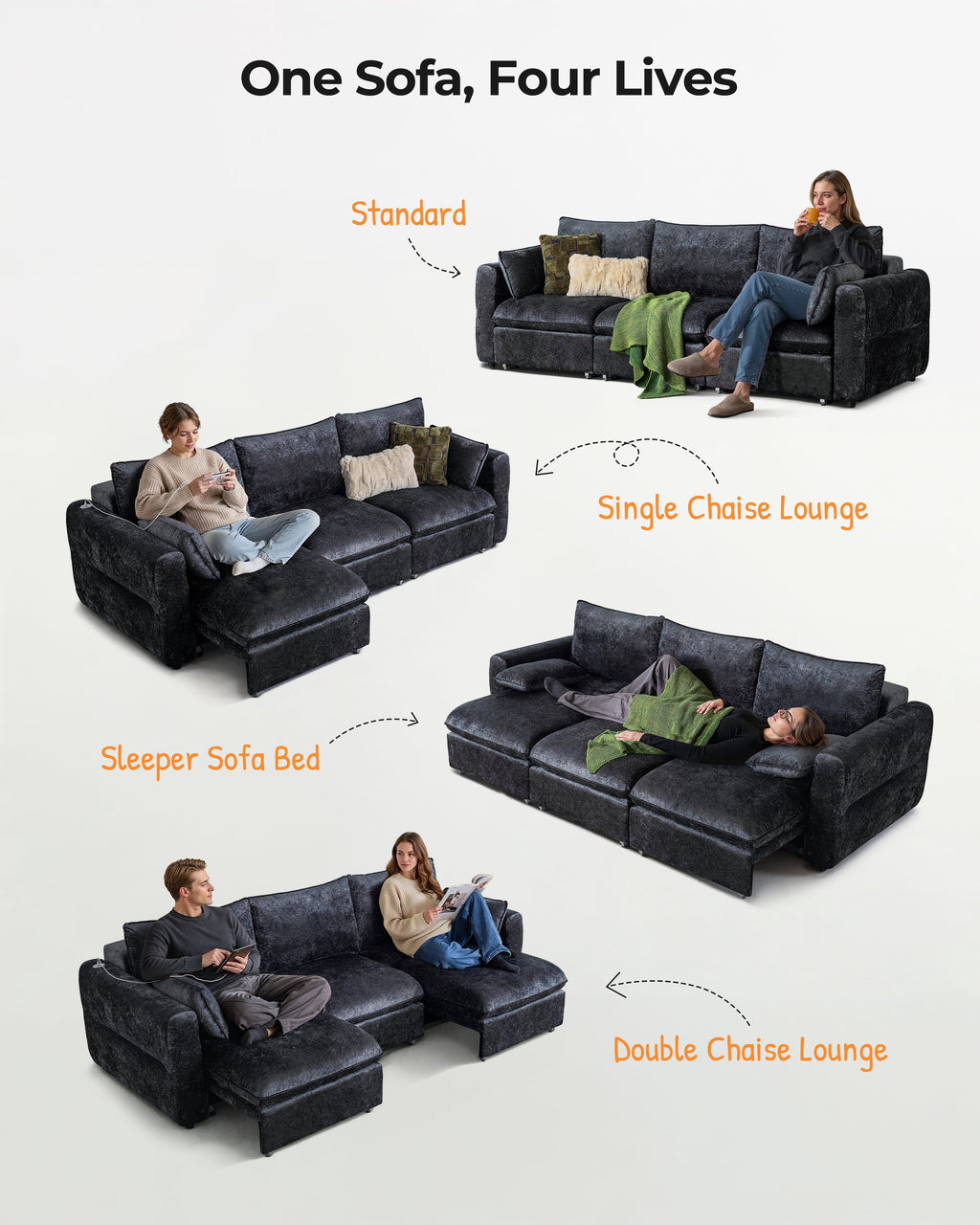 CHIC HOUSE 104" Electric Extendable Sofa Bed with Triple Motor, Convertible Smart Power Reclining Sleeper Sofa Deep Seat 3-Seat Couch with Solid Wood Frame in Velvet, Black