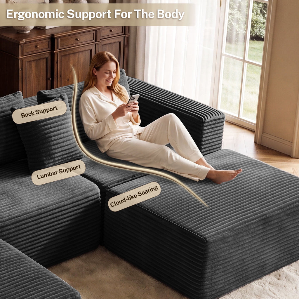 NNSNG 110"U-Shaped Sectional Sofa,5-Seater Boneless Couch Soft Corduroy Fabric Sofa for Living Room,No Assembly Required ,Black