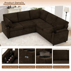 ACMEASE 85" Chenille Reversible Sectional Sofa w/Pull Out Bed, Upholstery L-Shaped Couch w/Storage Armrests & Cup Holders, Modern Corner Sofa w/USB Charging Port & Throw Pillow for Living Room, Brown