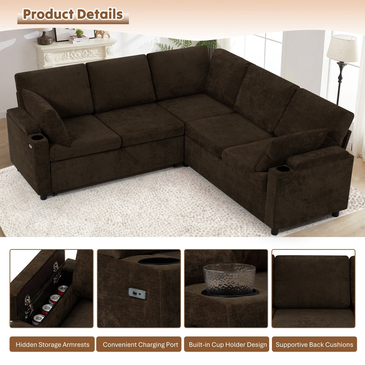 ACMEASE 85" Chenille Reversible Sectional Sofa w/Pull Out Bed, Upholstery L-Shaped Couch w/Storage Armrests & Cup Holders, Modern Corner Sofa w/USB Charging Port & Throw Pillow for Living Room, Brown