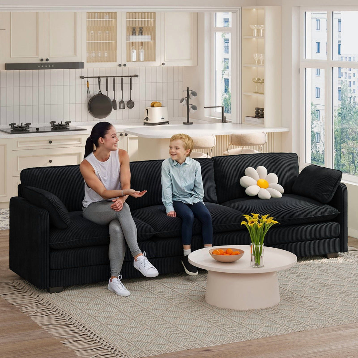  Cloud Like Comfort Sofa,Double?Layer High?Resilience Memory Foam Cushion,Removable Zippered Cover with 2 Pillows for Living Room, Bedroom, Apartment & Small Family,Black