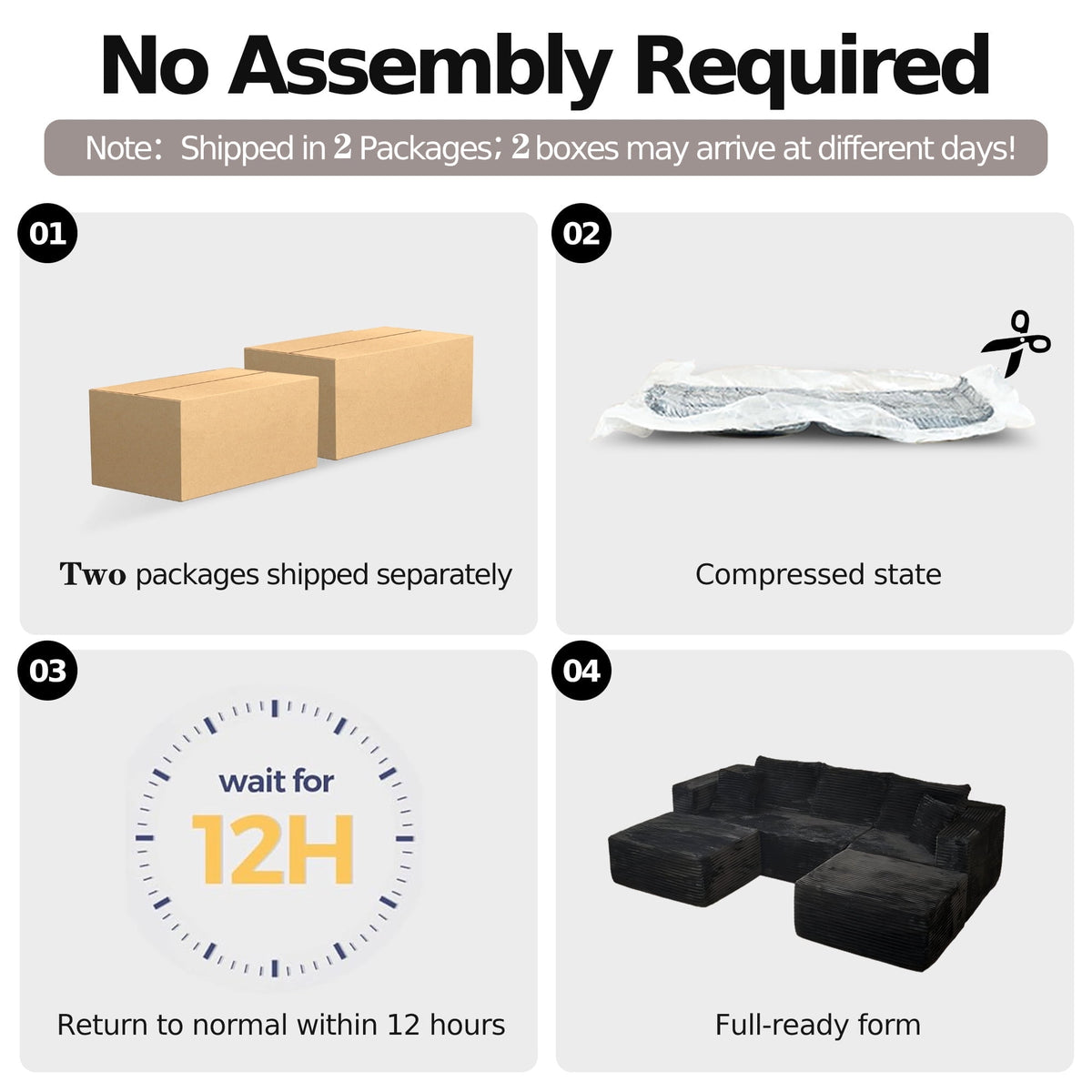 Pionex 108" Sectional Couch with Ottoman, Cloud Modular Boneless Couch, Deep Seat U-Shaped Sofa, Upholstered 3-Seater Sofas for Living Room, No Assembly Required