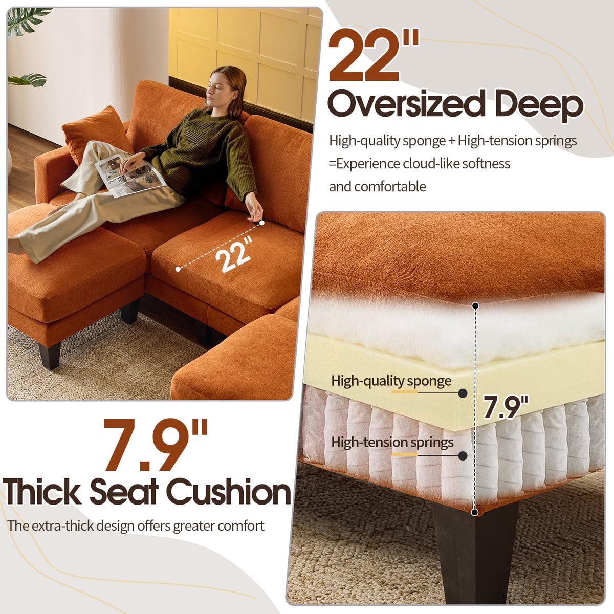  U-Shaped Sofa with 2 Removeable Ottoman Footrests, Flannel Deep Seating Couch for 3, Converts to Sleeper for Bedroom Living Room Furniture Orange