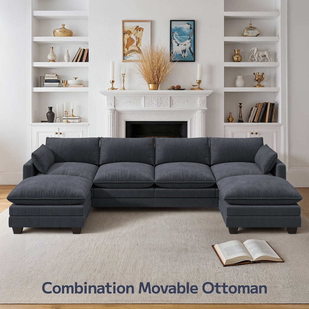  145.7" U Shaped Modular Sectional Sofa with Movable Ottomans, Corduroy Cloud Sofa Couch with 25.2" Deep Seat, Removable Washable Covers, 4-5 Seater Comfy Modular Sofa for Living Room Apartment
