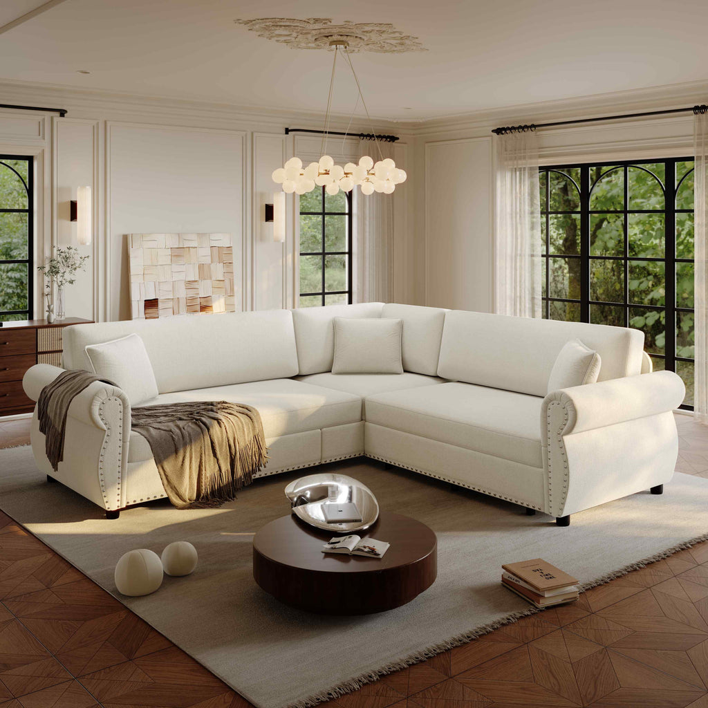 FFH 88.2" Sectional Sofa with Pull Out Bed, Convertible Sleeper Sofa, 5 Seater Chenille Couch for Living Room, Beige