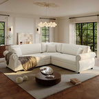 FFH 88.2" Sectional Sofa with Pull Out Bed, Convertible Sleeper Sofa, 5 Seater Chenille Couch for Living Room, Beige