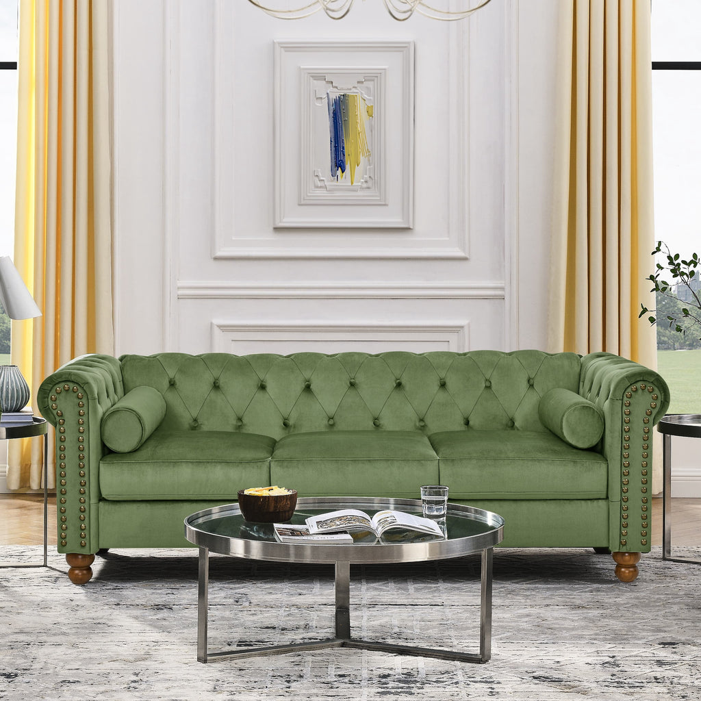 AmoDwell Tufted Velvet Sofa Couch for Living Room, Plush Rolled Arm 3-Seater Sofa Couch with Nailhead Trim and 2 Neck Roll Pillows, Small Apartment Chesterfield Sofa