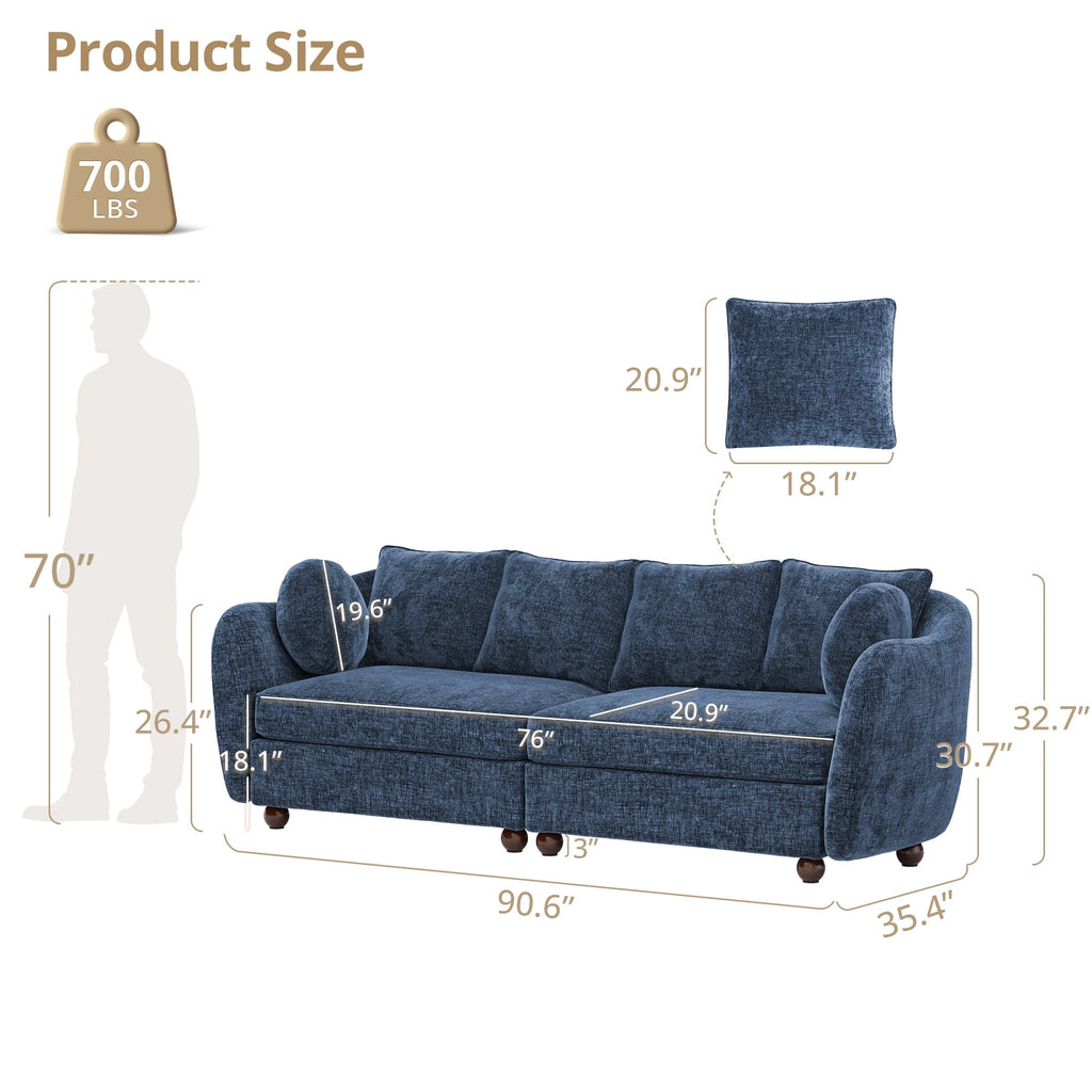 Carolayne 90'' Modern 3 Seater Upholstered Sofa with 2 pillows for Living Room, Blue