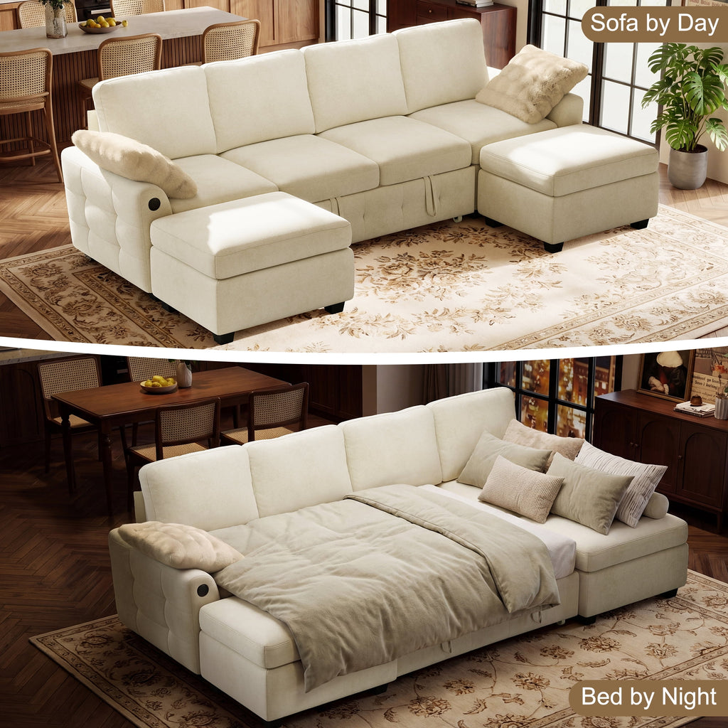  104" Large Modular Sectional Sleeper Sofa with Pull Out Bed, USB Charging & Storage Ottoman, U Shaped Couch for Living Room, Chenille Beige