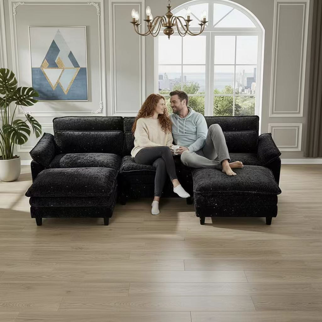  113" Modular Sectional Sofa, U-Shaped 3 Seater Cloud Couch with Movable Ottoman, Deep Seat Chenille Sofa with USB Charging Ports & Side Pockets for Living Room, Black