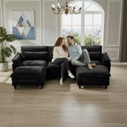  113" Modular Sectional Sofa, U-Shaped 3 Seater Cloud Couch with Movable Ottoman, Deep Seat Chenille Sofa with USB Charging Ports & Side Pockets for Living Room, Black