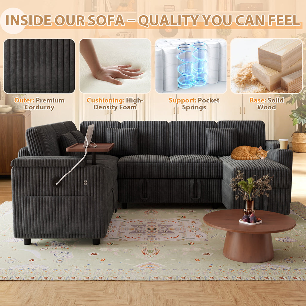 FFH 100" Modular Sectional Sofa with Pull Out Bed, Large Storage, USB Ports, Table Board, Modern Sleeper Couch Bed for Living Room, Corduroy Dark Gray
