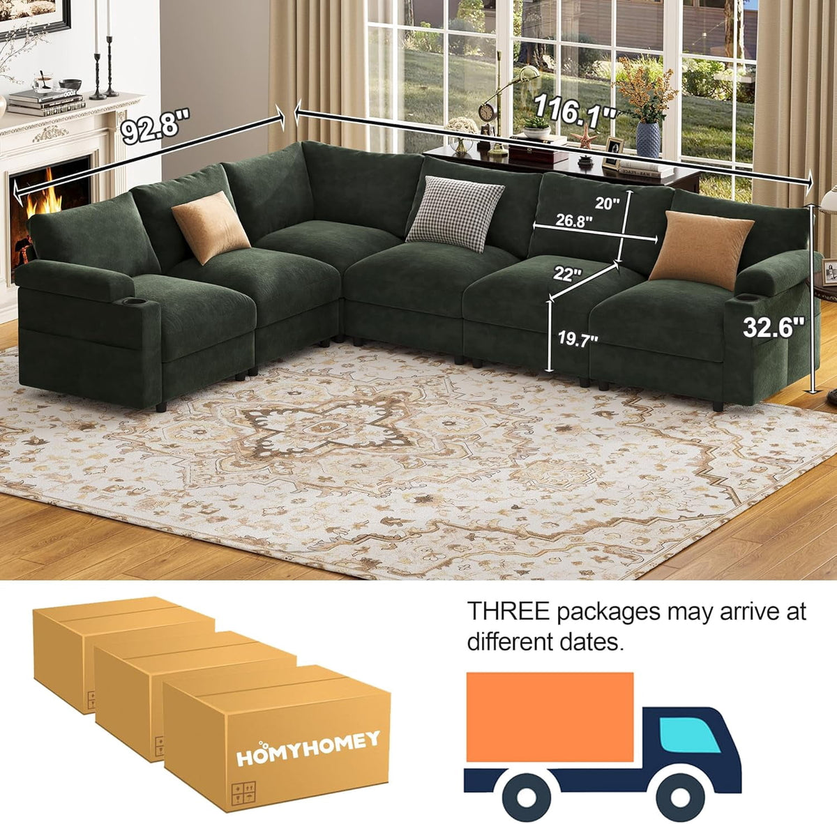Oversized Modular Sectional Sofa,L Shape 6-Seat Cloud Couch,Comfy Chenille Deep Seat Sofa for Living Room, Apartment,Green