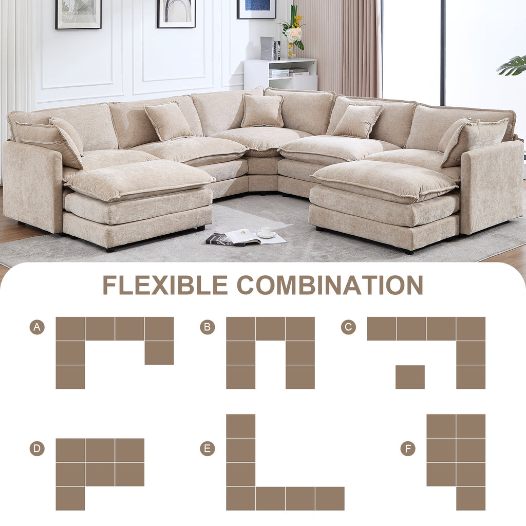 GNIXUU 113.4 " U-Shaped Cloud Couch ,Oversized Sectional Sofa with 2 Ottomans,Modern Chenille Deep Seat Modular 7-Seater Corner Couches for Living Room, Office,Beige