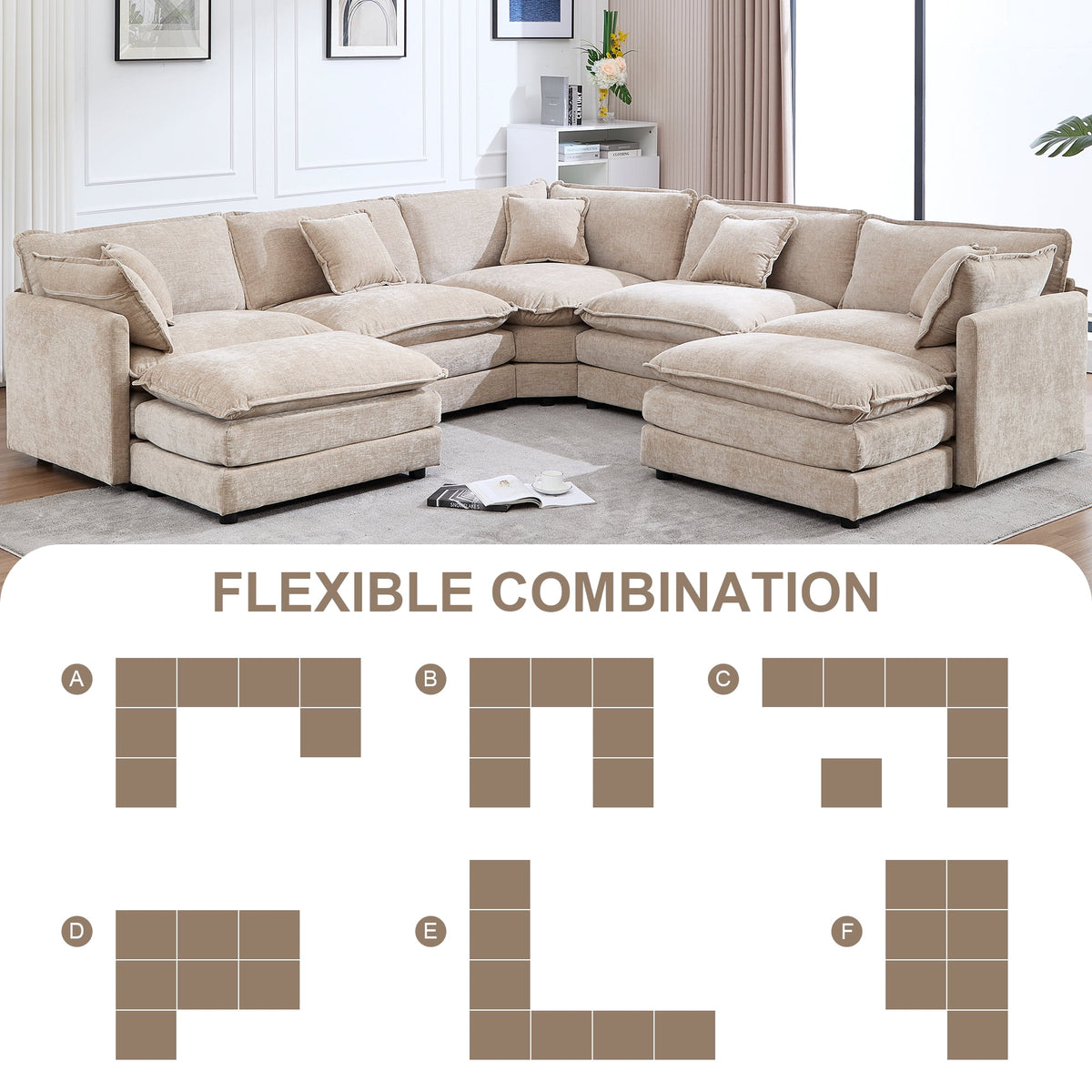 GNIXUU 113.4 " U-Shaped Cloud Couch ,Oversized Sectional Sofa with 2 Ottomans,Modern Chenille Deep Seat Modular 7-Seater Corner Couches for Living Room, Office,Beige