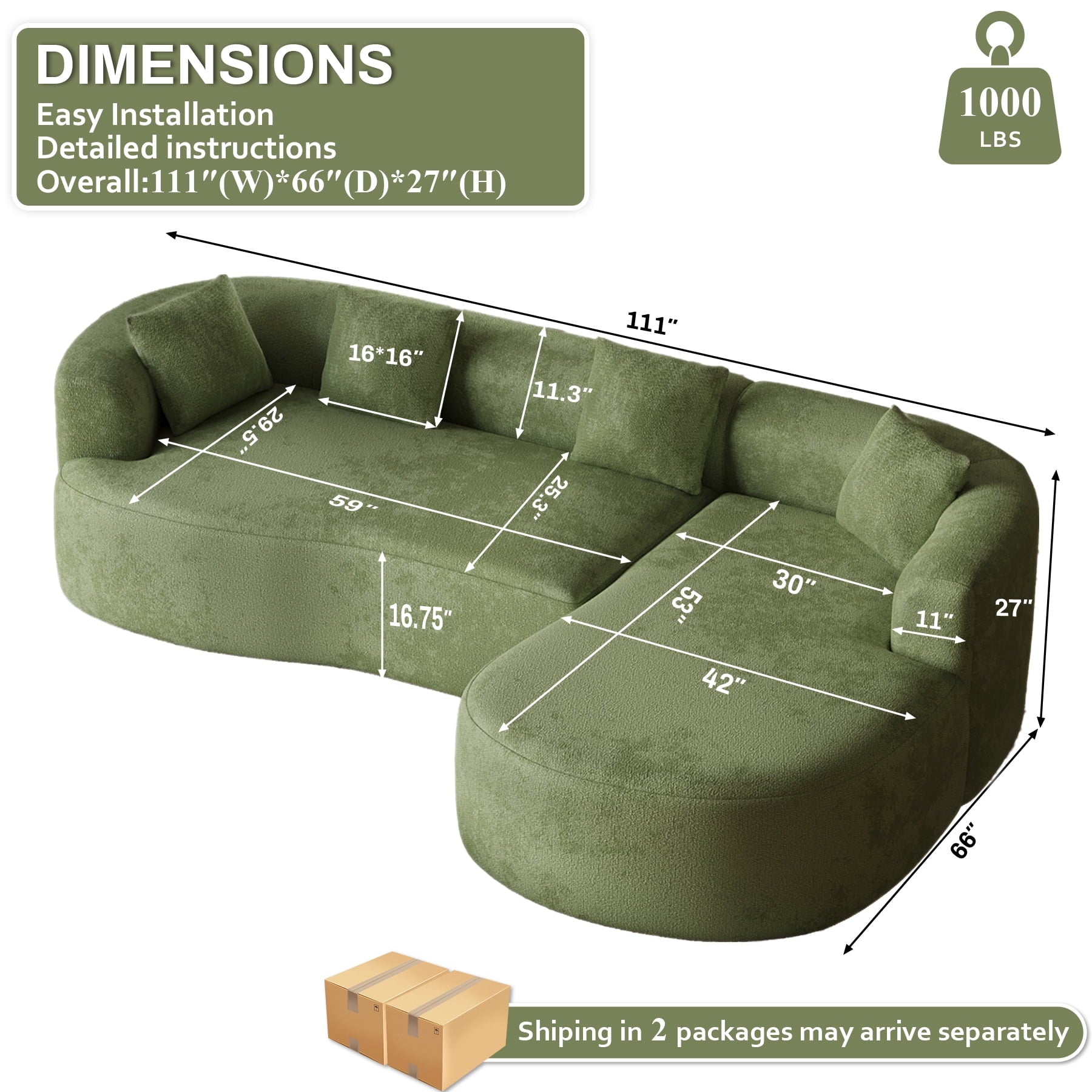 Wiilayok 110" Chenille L Shaped Sectional Sofa,Curved Sofa Couch with Right Chaise,Cloud Compression Deep Seat Sofa Couches for Living Room,No Assembly,Green