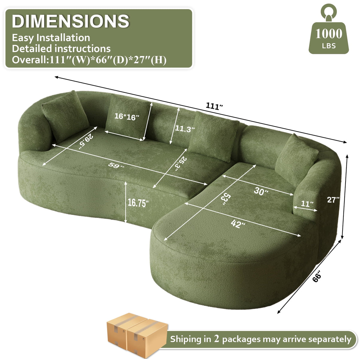 Wiilayok 110" Chenille L Shaped Sectional Sofa,Curved Sofa Couch with Right Chaise,Cloud Compression Deep Seat Sofa Couches for Living Room,No Assembly,Green