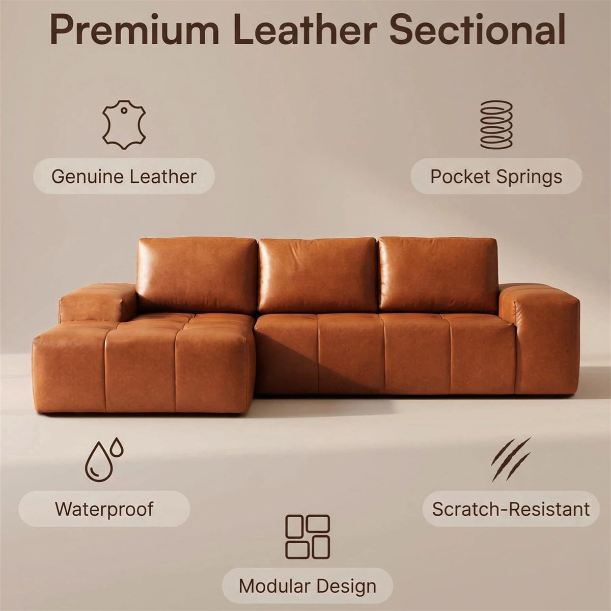  115" Leather Cloud Sectional Sofa Oversized Boneless Couch Modular L-Shaped Sofa for Living Room, Left Chaise, Brown