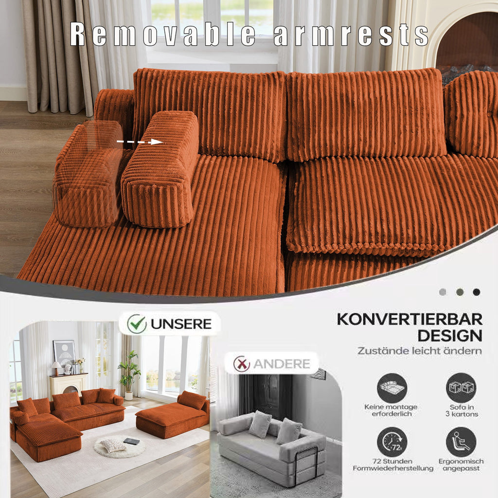  Sectional Sofa, Oversized Sectional Couch Convertible Sofa Bed, 6 Seat Corduroy Sofa Couch with Side Pocket for Living Room, No Assembly Orange