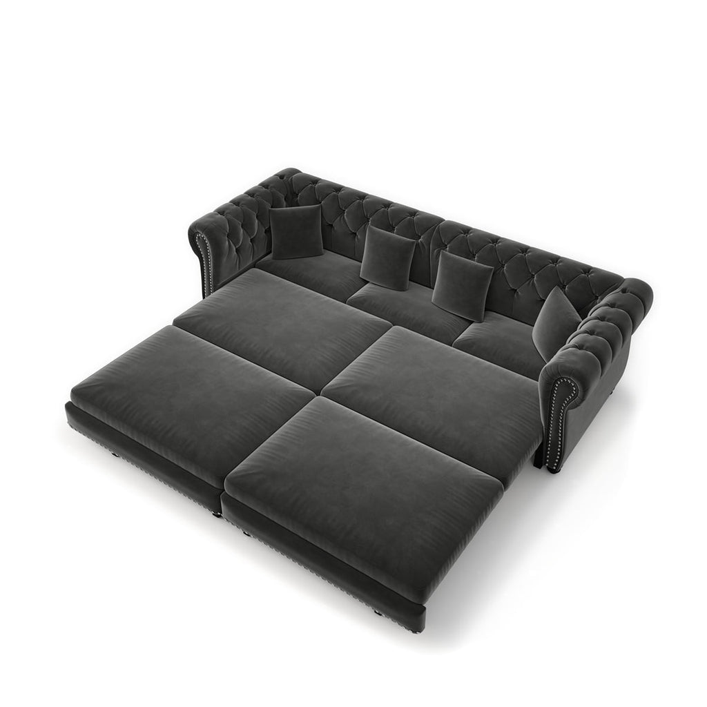 89'' Pull Out Sofa Bed King, Chesterfield Velvet Sleeper Sofa, Convertible L-Shaped Futon Couch, Tufted Back, 4 Pillows, Ottoman, Deep Seat Loveseat Couches for Living Room, Apartment, Gray