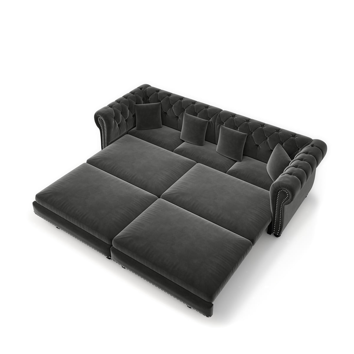 89'' Pull Out Sofa Bed King, Chesterfield Velvet Sleeper Sofa, Convertible L-Shaped Futon Couch, Tufted Back, 4 Pillows, Ottoman, Deep Seat Loveseat Couches for Living Room, Apartment, Gray