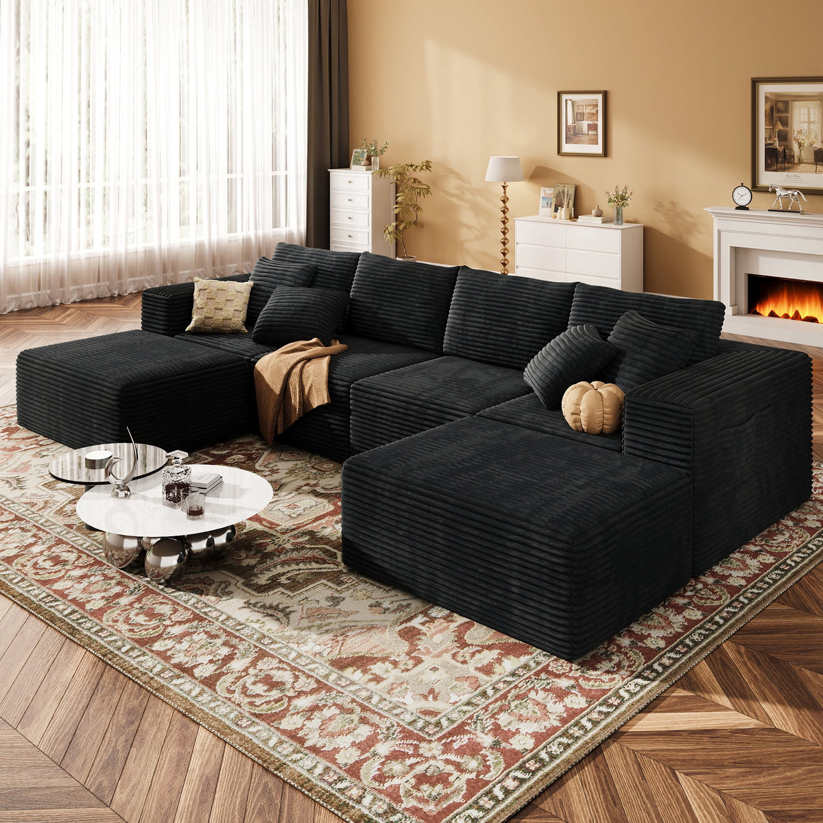 137" U-Shaped Sectional Sofa with Chaise, Modular Cloud Sectional Couch with Deep Seat for Living Room, Modern Boneless Couch with Back Cushion, Pillow, Ottoman, No Assembly Required, Corduroy Fabric