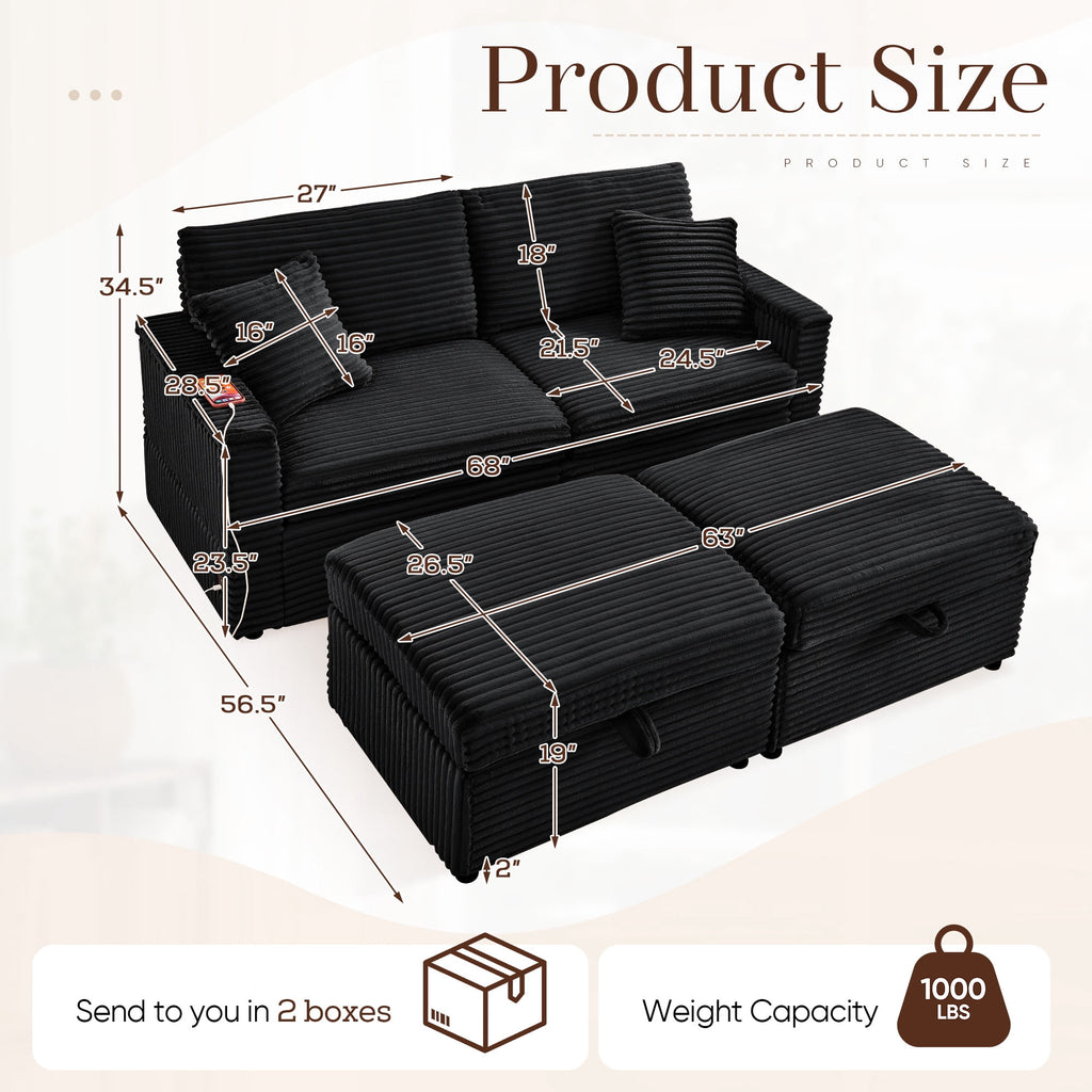 Muumblus Loveseat Sectional Sofa with 2 Storage Ottomans, Modular Cloud Couch with 2 Side Tables & USB, Plush Double Chaise Lounge Sofa Bed Indoor, Black Corduroy