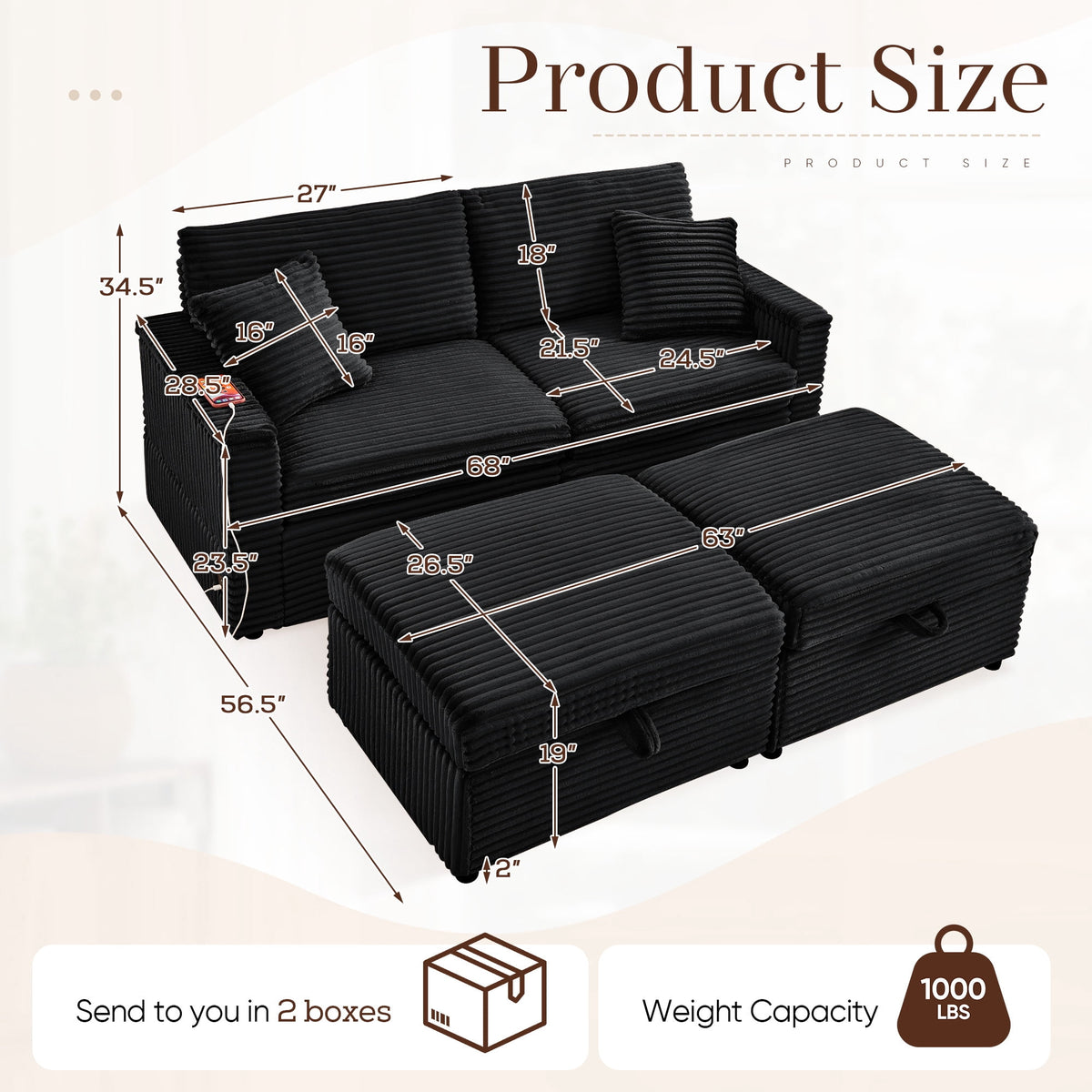 Muumblus Loveseat Sectional Sofa with 2 Storage Ottomans, Modular Cloud Couch with 2 Side Tables & USB, Plush Double Chaise Lounge Sofa Bed Indoor, Black Corduroy