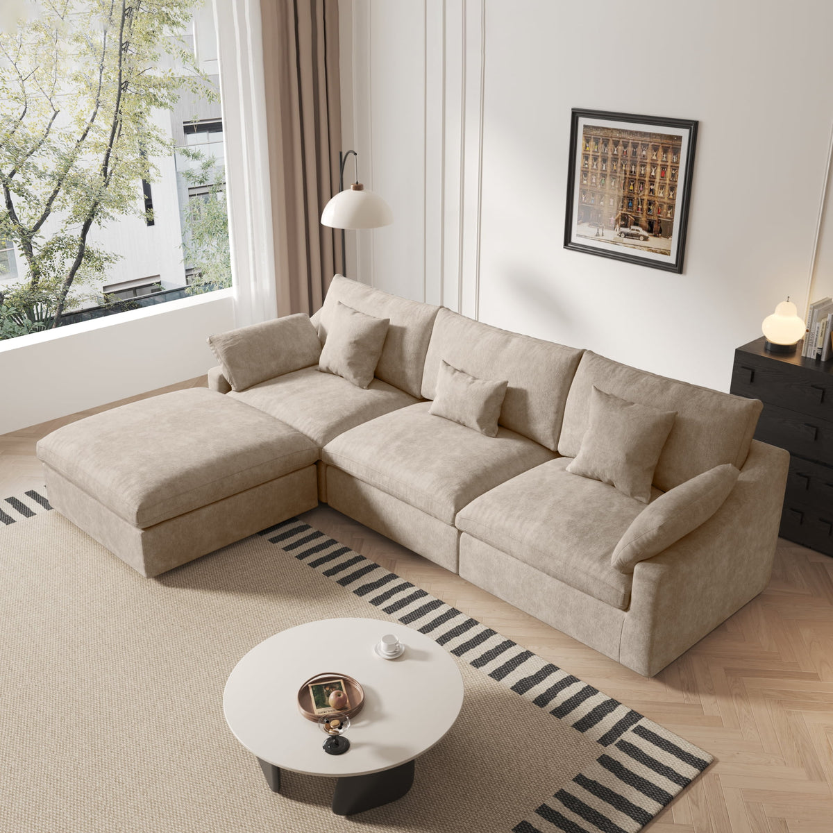 Sdorens 120" Modular Sectional Sofa,Comfy Cloud Couch with Movable Ottoman Deep Seat Chenille L Shaped Modular Sofa,Sectional Couches for Living Room,Bedroom and Apartment,Khaki