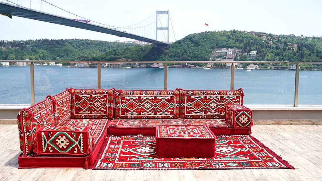Red Arabic Floor Seating, L Shaped Sofa Bed, Diwan Sofa, Turkish Red Sofa, Floor Cushion Seating, Modular Sofa, Sleeper Couch