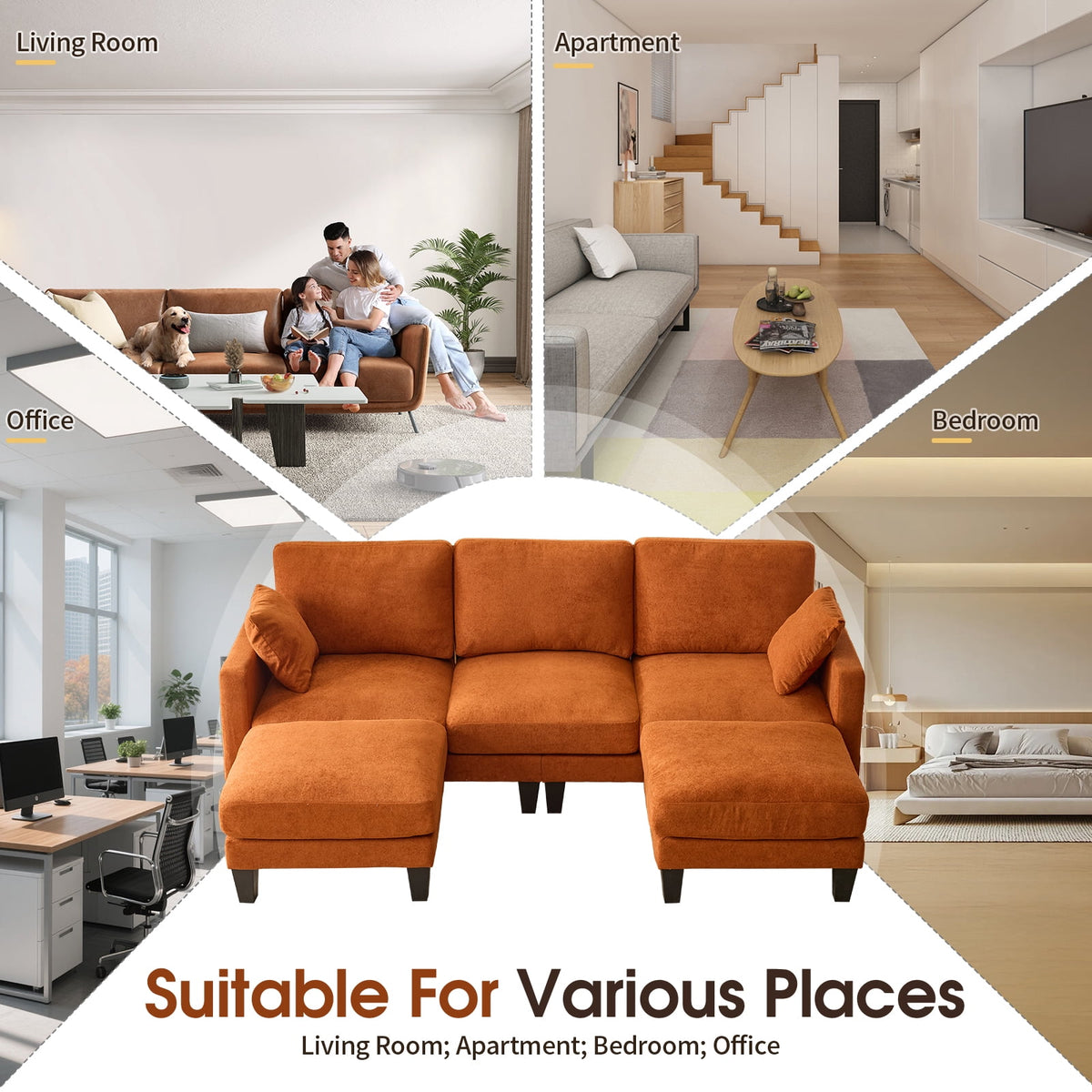  U-Shaped Sofa with 2 Removeable Ottoman Footrests, Flannel Deep Seating Couch for 3, Converts to Sleeper for Bedroom Living Room Furniture Orange