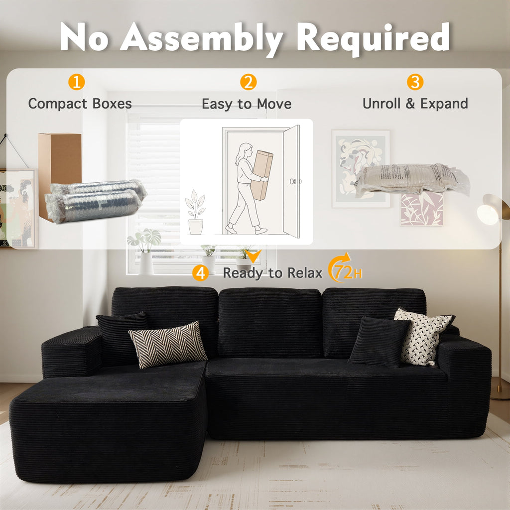  106" Boneless Sectional Couch, Deep Seat Modular L-Shaped Sofa with Chaise for Living Room, Apartment, Black (Corduroy)