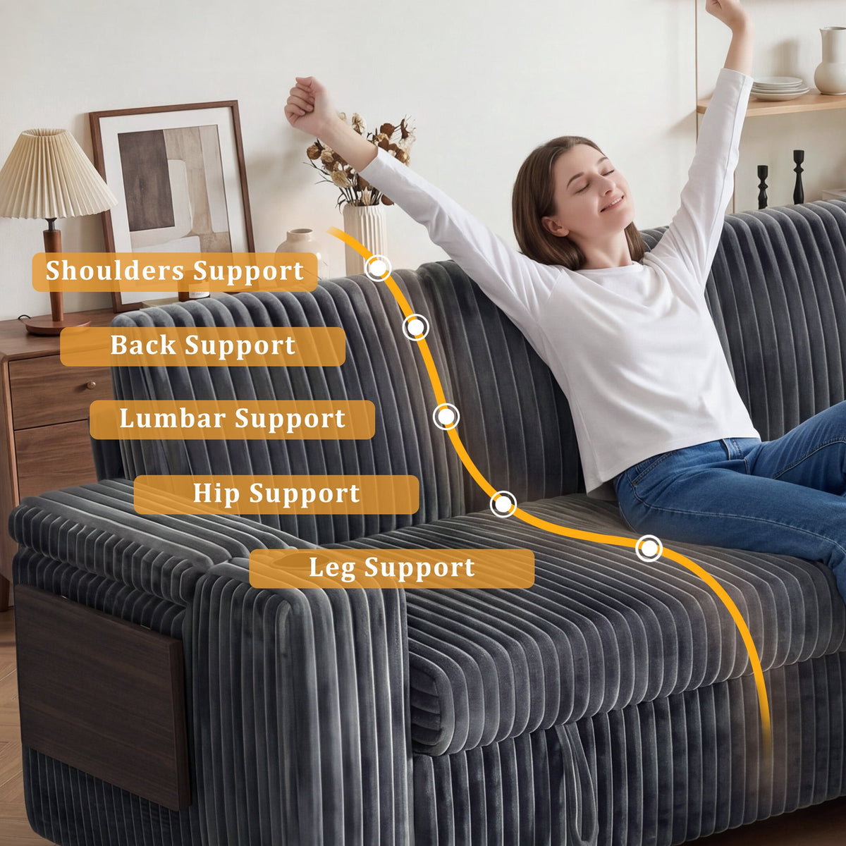85" Modular Sectional Sleeper Sofa with Pull Out Bed, 3 Seat Plush L Shaped Couch with Storage Chaise|USB Ports|Cup Holders|Side Table|Storage Armrests, Tool Free Assembly, Corduroy Fabric Dark Gray