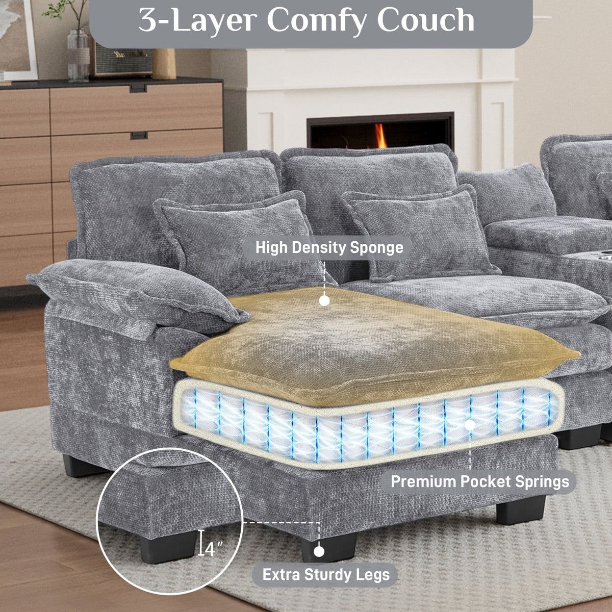 Wiilayok 133" U Shaped Cloud Couch Modular Sectional Couches for Living Room Fluffy Chenille Deep Seat Sofa Set with Double Chaise Lounge, Storage Central Console, Cup Holders, USB Port, Storm Gray