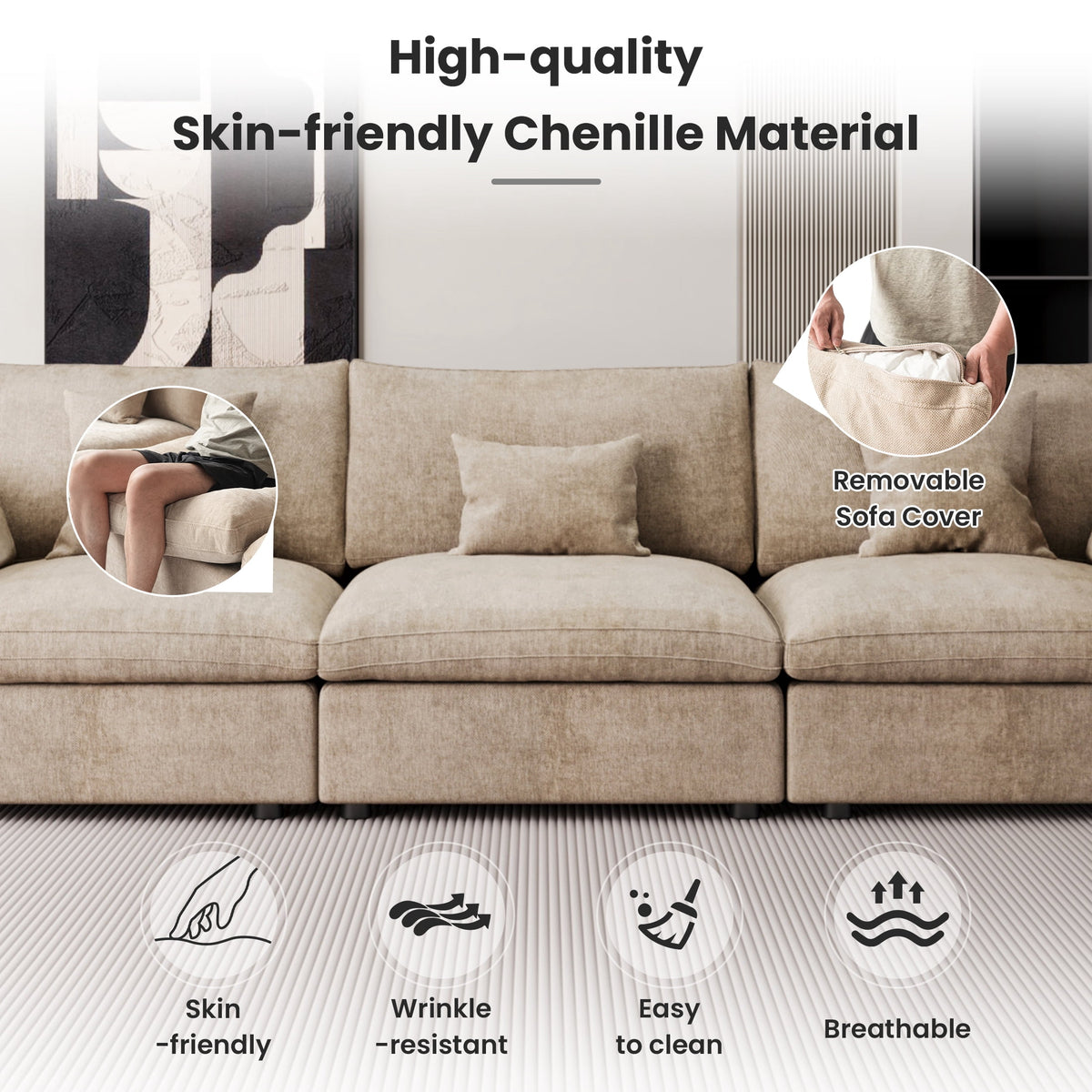 The Magic Home Modular Sofa & Sectional Sofa - L Shaped Deep Seat Cloud Couch in Soft Linen Blend Fabric,Perfect for Apartment & Small Space Living,3-seat Sofa with Ottoman,Khaki Couch