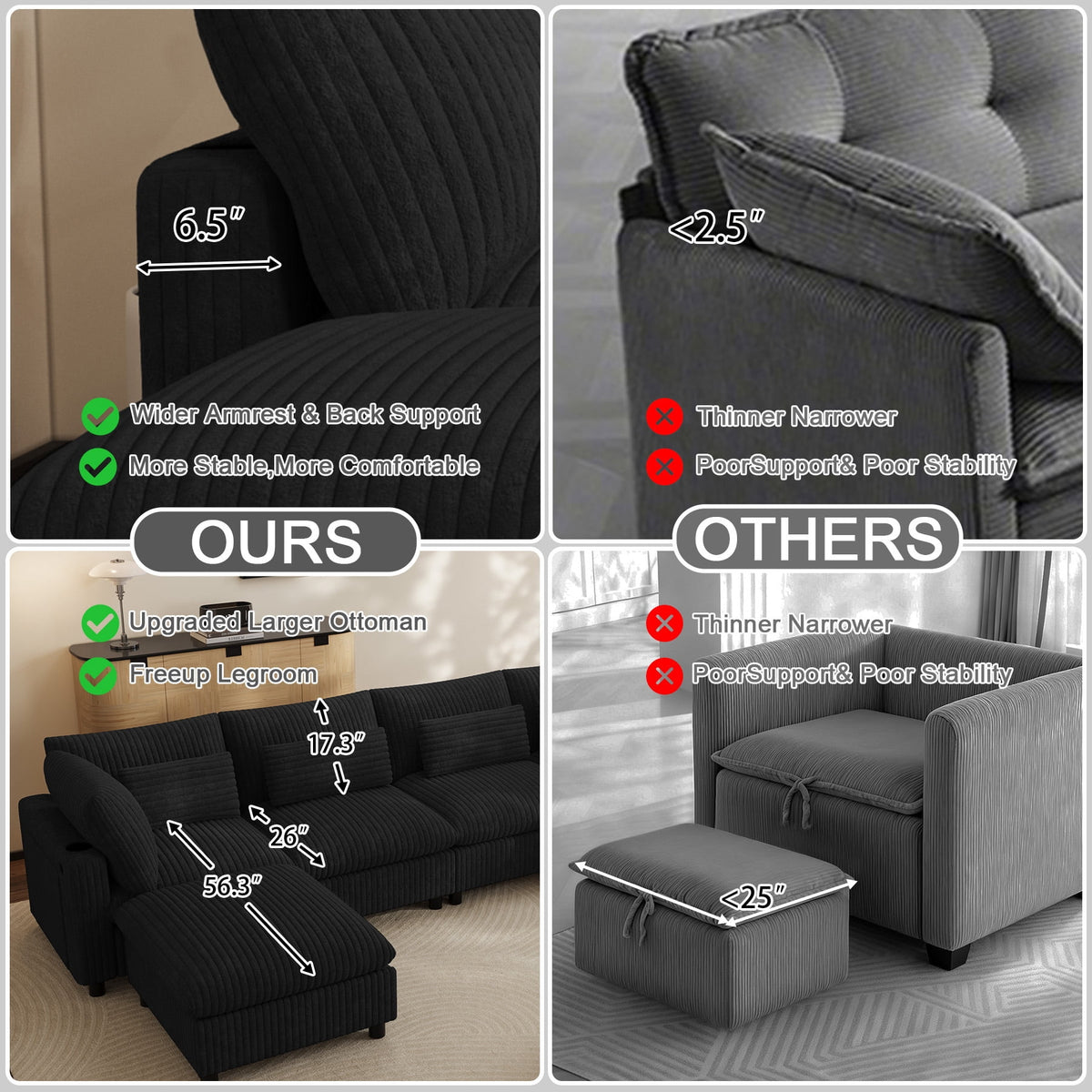 Wiilayok 130" Corduroy U-Shaped Modular Sectional Sofa 6-Seat Cloud Fluffy Couch Set for Living Room with Ottoman, USB Port, Cup Holder, Storage, Black