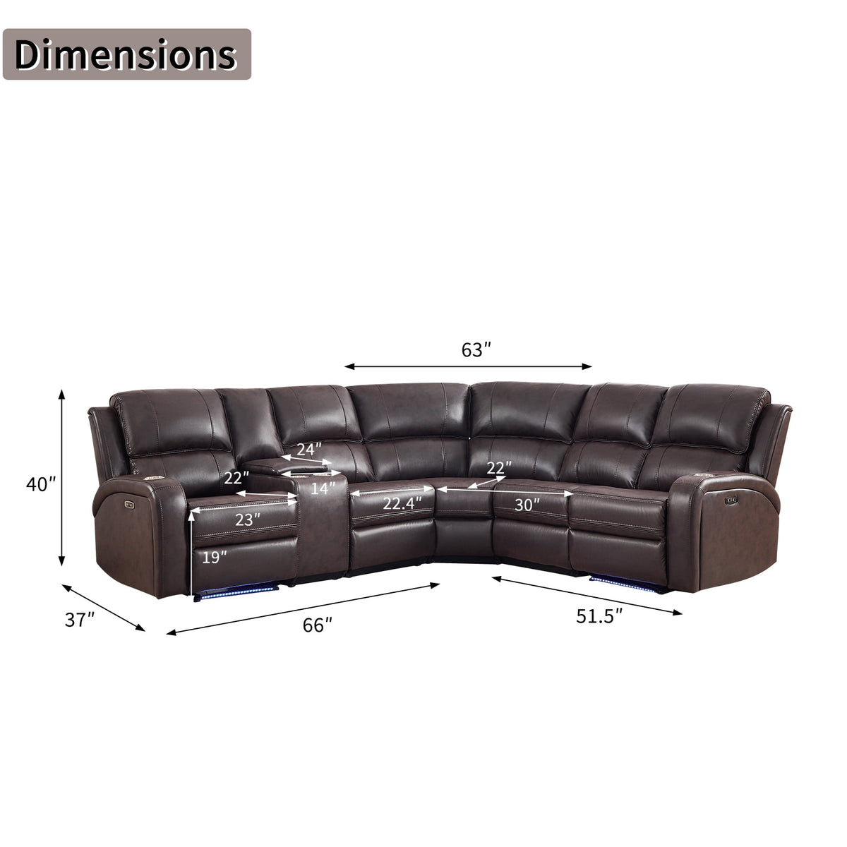  Power Reclining Sectional Sofa with LED Lights ? Faux Leather L-Shape Sectional with Dual Power Recliners, Storage Console & Cup Holders