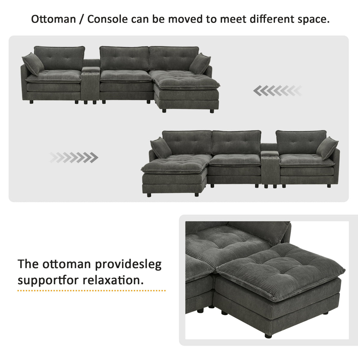 Anpport 119" L-Shaped Modular Sectional Sofa with Removable Ottoman for Living Room, Corduroy, Dark Gray
