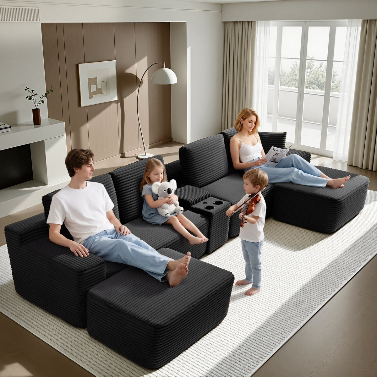  150" Modular Sectional Sofa Couch for Living Room, Corduroy Boneless Sofas, Oversized Modern Cloud Couch, U Shape Couches Deep Seat with USB Ports and Cup Holders, Black