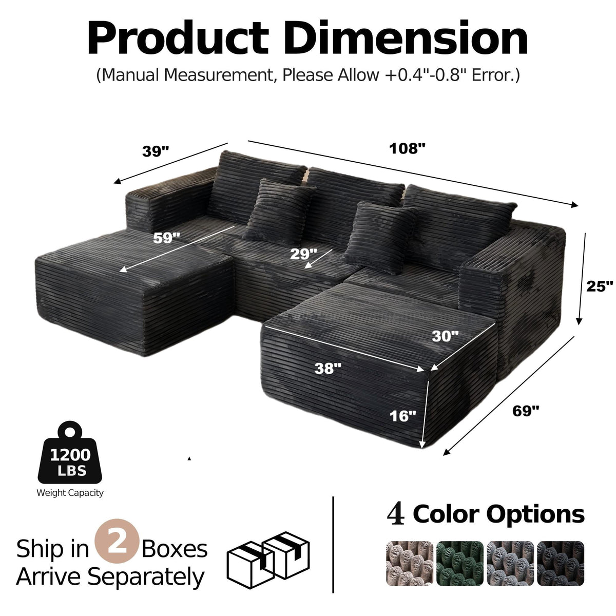 Cubente 108" Sectional Couch, Cloud Sofa, Boneless Couch No Assembly Required Modular Couch U-shaped Couch for Living Room