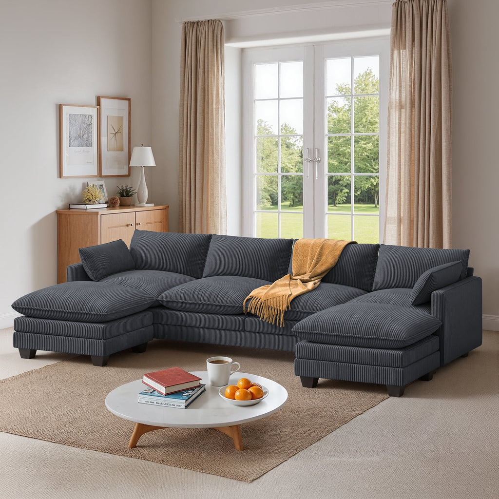  145.7" U Shaped Modular Sectional Sofa with Movable Ottomans, Corduroy Cloud Sofa Couch with 25.2" Deep Seat, Removable Washable Covers, 4-5 Seater Comfy Modular Sofa for Living Room Apartment