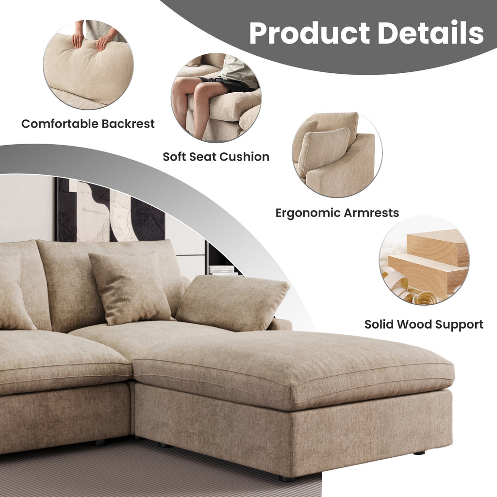 The Magic Home Modular Sofa & Sectional Sofa - L Shaped Deep Seat Cloud Couch in Soft Linen Blend Fabric,Perfect for Apartment & Small Space Living,3-seat Sofa with Ottoman,Khaki Couch