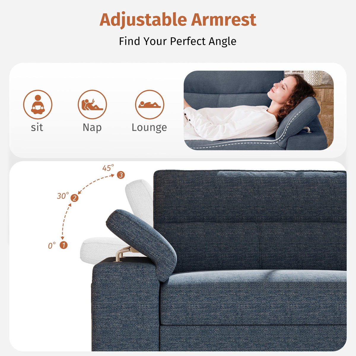 88" Loveseat Sofa with Storage Ottoman Adjustable Armrest 3-Seat L-Shaped Sectional Couch for Living Room Blue