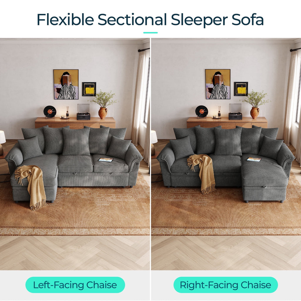  90.5" Sectional Sleeper Sofa With Pull Out Bed, Storage Chaise & USB Charging, Pull Out Couch with Side Pocket & Two Pillows for Living Room, Corduroy Grey
