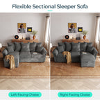  90.5" Sectional Sleeper Sofa With Pull Out Bed, Storage Chaise & USB Charging, Pull Out Couch with Side Pocket & Two Pillows for Living Room, Corduroy Grey