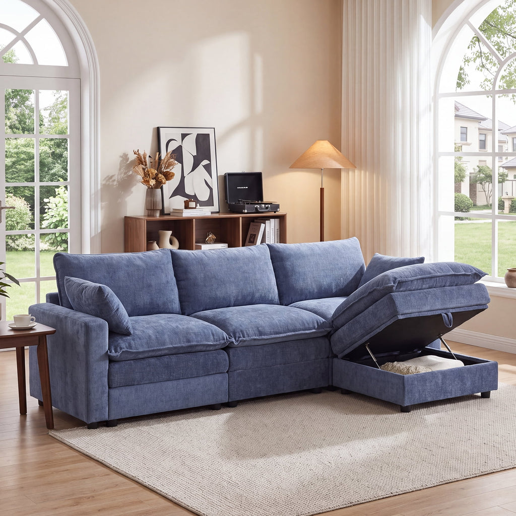  Modular Sectional Sofa, 112.9" L-Shaped Ultra-Comfort Sofa with Storage Ottoman, Modern Chenille Cloud Couch for Living Room & Family Room, Royal Blue