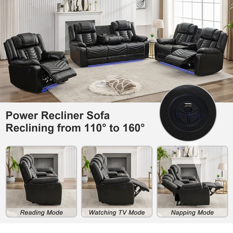 2PCS Power Zero Gravity Reclining Sofa Set with Bass Speaker,Wireless Charger,USB/Type C Ports,LED Light,Cup Holder,Storage Console Faux Leather Electric Recliner Sofa and Loveseat,5 Seater,Black