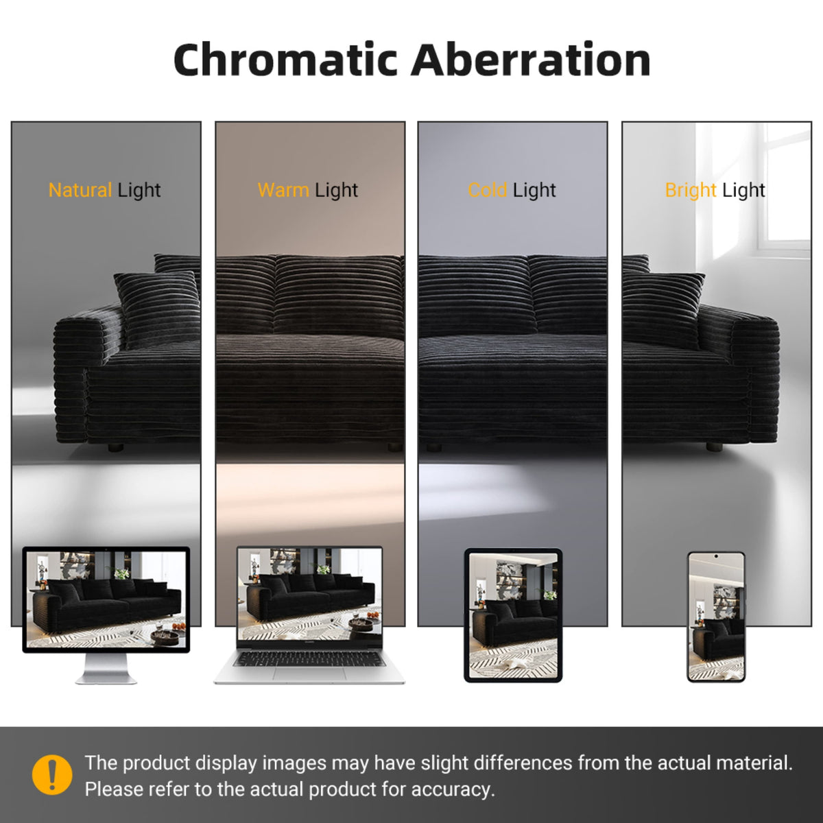 Alvantor 4-Seat Sofa with Movable Ottomans 102" W Corduroy Upholstered Deep Seat Couches L Shaped Convertible Chaise for Living Room, Apartment Black