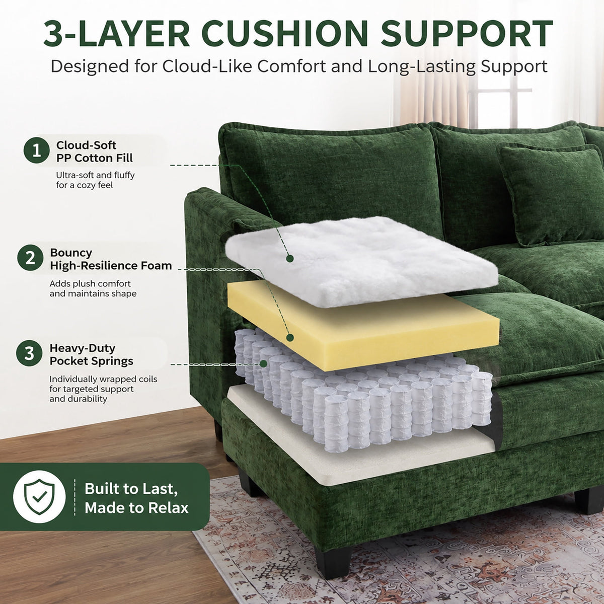 JULY'S SONG 113" L Shaped Couch Set, Deep Seat Modular Sectional Sofa with Movable Ottoman, Plush Couches and Sofas Detachable Cushions, Chenille Sectionals for Living Room, Green